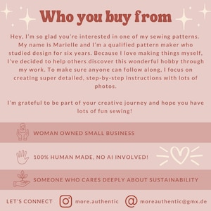 May include: A light pink informational graphic with dark red text titled Who you buy from. It introduces a pattern maker named Marielle, details her experience, and lists business values including woman owned, human made, and sustainability.