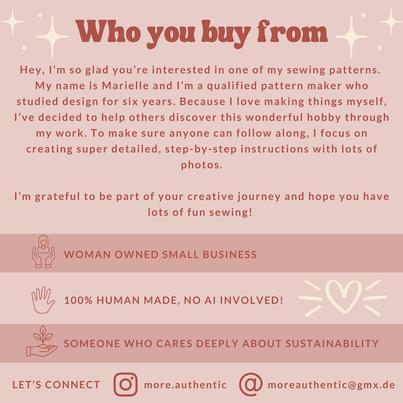 May include: A light pink informational graphic with dark red text titled Who you buy from. It introduces a pattern maker named Marielle, details her experience, and lists business values including woman owned, human made, and sustainability.