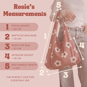 May include: A pink corduroy tote bag with white daisy patterns. The bag's measurements are displayed: 60 cm total height, 10 cm base depth, 37 cm width, 30 cm interior height, and 6 cm handle width. The text on the image says "Rosie's Measurements".