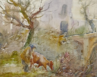 Original watercolor painting, fine art, ukrainian village, plein air painting, watercolor painting, landscape, watercolor art, spring