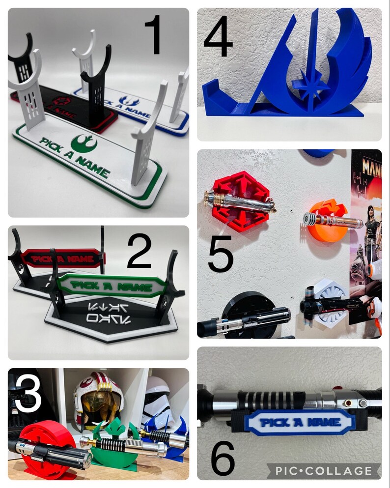 Puede incluir: Un collage de seis im&aacute;genes que muestran diferentes soportes y montajes de pared para sables de luz. Los soportes est&aacute;n hechos de pl&aacute;stico blanco y tienen el texto "Pick a Name". Los montajes de pared est&aacute;n hechos de pl&aacute;stico azul, rojo y naranja y presentan diferentes s&iacute;mbolos de Star Wars.