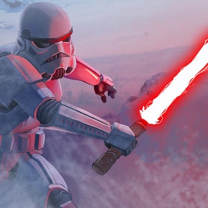 Puede incluir: Una figura de acci&oacute;n de Stormtrooper blanca y roja empu&ntilde;ando un sable de luz rojo en un paisaje nevado.