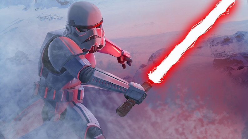 Puede incluir: Una figura de acci&oacute;n de Stormtrooper blanca y roja empu&ntilde;ando un sable de luz rojo en un paisaje nevado.