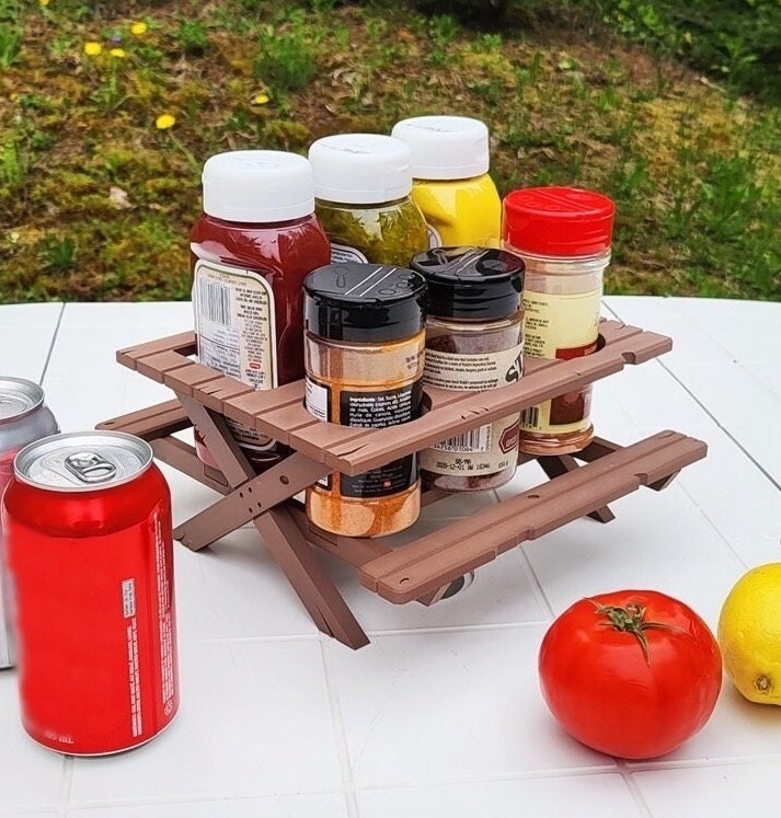 Mini Red Picnic Table with Umbrella BBQ Condiment Set