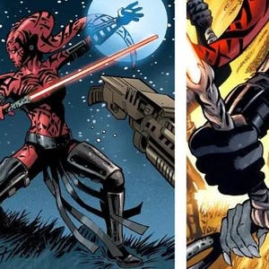 May include: Comic book illustration of a red-skinned character wielding a red lightsaber. The character is in a dynamic pose, with black armor and a detailed costume. The background features a night sky and a large weapon.
