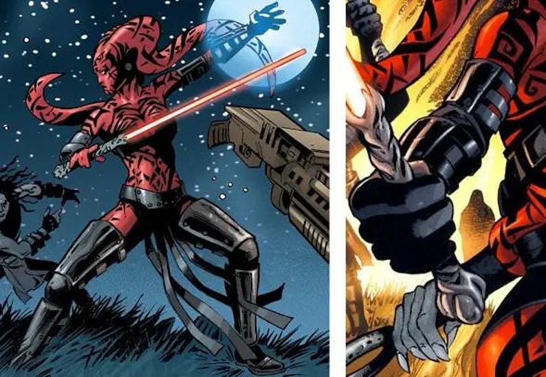 May include: Comic book illustration of a red-skinned character wielding a red lightsaber. The character is in a dynamic pose, with black armor and a detailed costume. The background features a night sky and a large weapon.