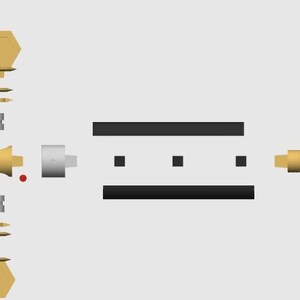 May include: An exploded view of a curtain rod assembly, featuring various components in gold, black, and silver. The design includes hexagonal finials, cylindrical connectors, and a central rod with square accents. The components are arranged against a light gray background.