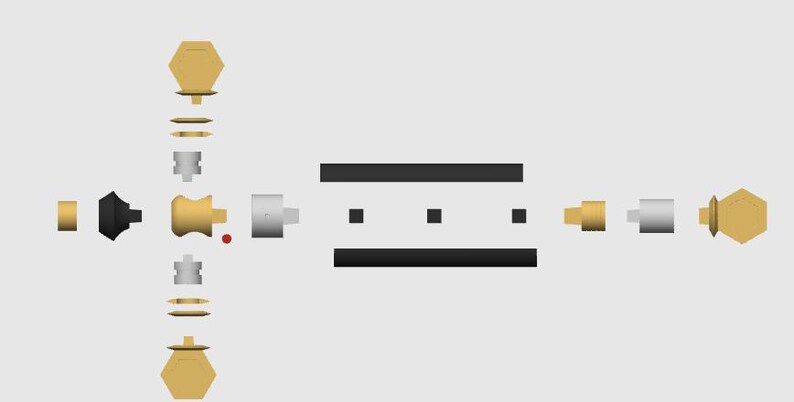 May include: An exploded view of a curtain rod assembly, featuring various components in gold, black, and silver. The design includes hexagonal finials, cylindrical connectors, and a central rod with square accents. The components are arranged against a light gray background.