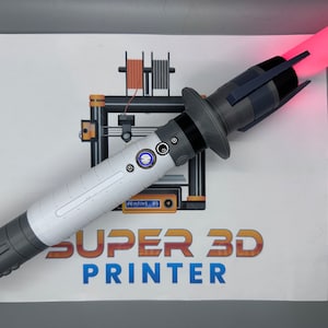 May include: A white and gray lightsaber with a glowing pink blade. The hilt features gray and black accents, with a blue button. The lightsaber is displayed on a paper with the text "SUPER 3D PRINTER".