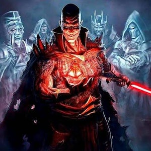 K&ouml;nnte beinhalten: Digitales Kunstwerk, das eine Gruppe von Figuren in einer Fantasy-Umgebung darstellt. Die zentrale Figur, gekleidet in roter und schwarzer R&uuml;stung, h&auml;lt ein rotes Lichtschwert. Weitere Figuren im Hintergrund sind in Blau- und Wei&szlig;t&ouml;nen gehalten.