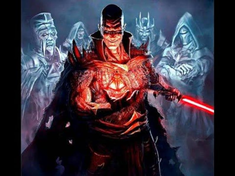 K&ouml;nnte beinhalten: Digitales Kunstwerk, das eine Gruppe von Figuren in einer Fantasy-Umgebung darstellt. Die zentrale Figur, gekleidet in roter und schwarzer R&uuml;stung, h&auml;lt ein rotes Lichtschwert. Weitere Figuren im Hintergrund sind in Blau- und Wei&szlig;t&ouml;nen gehalten.