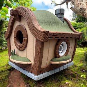 May include: A whimsical birdhouse with a brown wooden exterior, a green roof, and a white circular window. The birdhouse has a small, green ledge on each side.