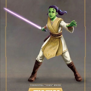 May include: A green-skinned woman with purple hair holds a purple lightsaber. She is wearing a white and gold robe and brown boots. The text "Vernestra "Vern" Rwoh" and "Star Wars The High Republic" is below her. The image is labelled "Concept Art".