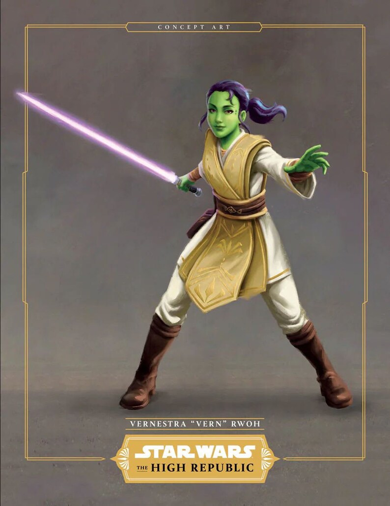 May include: A green-skinned woman with purple hair holds a purple lightsaber. She is wearing a white and gold robe and brown boots. The text "Vernestra "Vern" Rwoh" and "Star Wars The High Republic" is below her. The image is labelled "Concept Art".