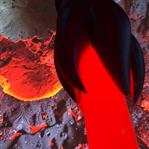 May include: A dark, abstract sculpture with a flowing, bright red element resembling lava. The sculpture has a textured, dark surface with a glowing red core. The background features a fiery, volcanic landscape.