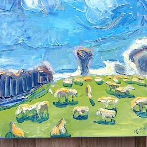 Sheep painting, Landscape with sheep, Countryside animals