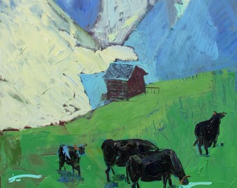Switzerland  painting, Original Oil Painting on Canvas, Mountains, Large landscape