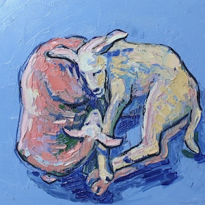 Lamb Painting, Original Oil Palette Knife Painting, Farm Animals Painting