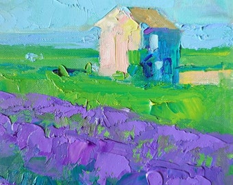 Lavender oil Painting, Original Italy Landscape, Small  Landscape on Canvas 8 by 8 inch