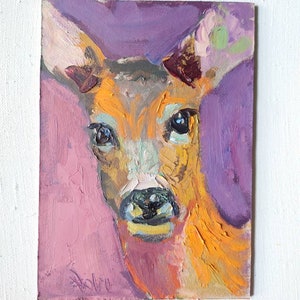 Pintura original de ciervos, pintura al óleo con espátula sobre cartón, arte animal del bosque