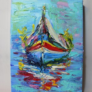 Boat painting, original  textured oil panting on canvas, sailboat art, nautical painting