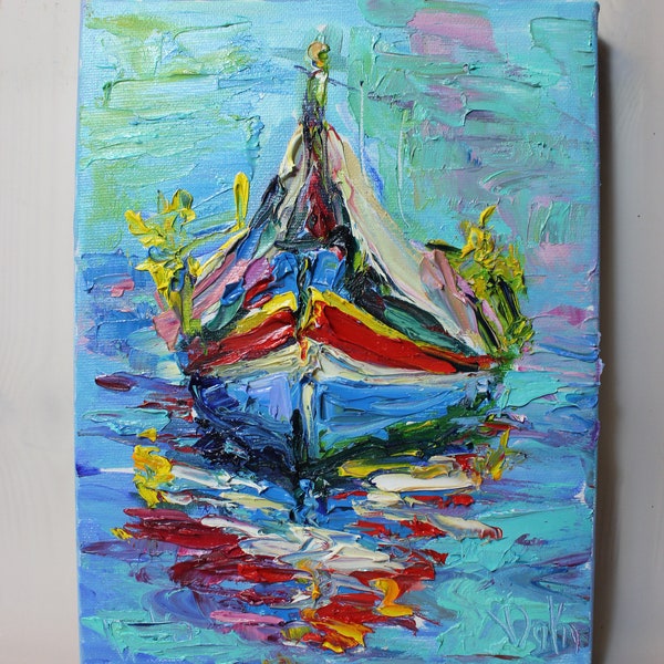 Boat painting, original  textured oil panting on canvas, sailboat art, nautical painting