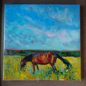 Original horse painting, palette knife oil painting, Horse grazing, Countryside painting image 2