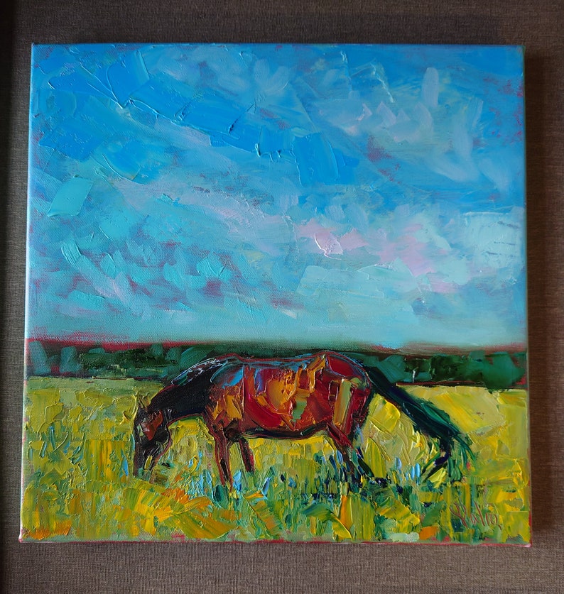 Original horse painting, palette knife oil painting, Horse grazing, Countryside painting image 2