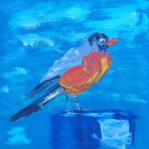 Retrato de Robin, pintura a óleo original em papelão, arte colorida de parede de pássaros