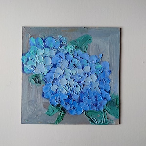 Pintura de hortensias, arte floral original con textura, pequeña obra de arte floral de 6 x 6