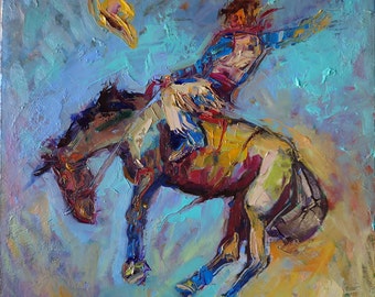 Rodeo Abstract Painting Equestrian Gifts Horse Riding Textured Oil Painting on Canvas