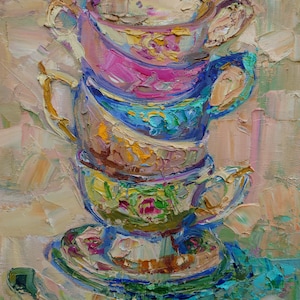 Original Oil Painting: Stacked Tea Cups Still Life - 12x16&quot; Canvas
