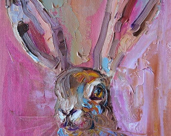 Rabbit painting, original oil painting on canvas ,impasto, wildlife artwork