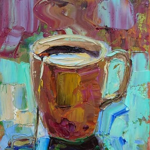 Tea time art, original oil painting on canvas, still life artwork