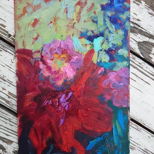 Pintura de dalias, pintura al óleo original sobre cartón de 30 x 20 cm, obra de arte floral empastada