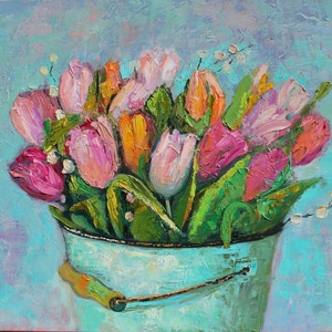 Original floral oil painting Tulips painting Palette knife on canvas