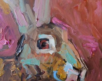 Pintura al óleo original de conejo: Arte con espátula (8x8)