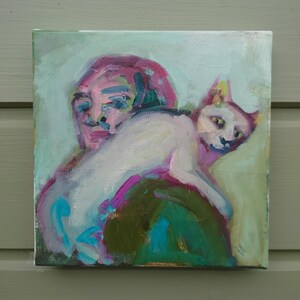 Cat and Women Art Original Oil Painting Cat Owner Gift