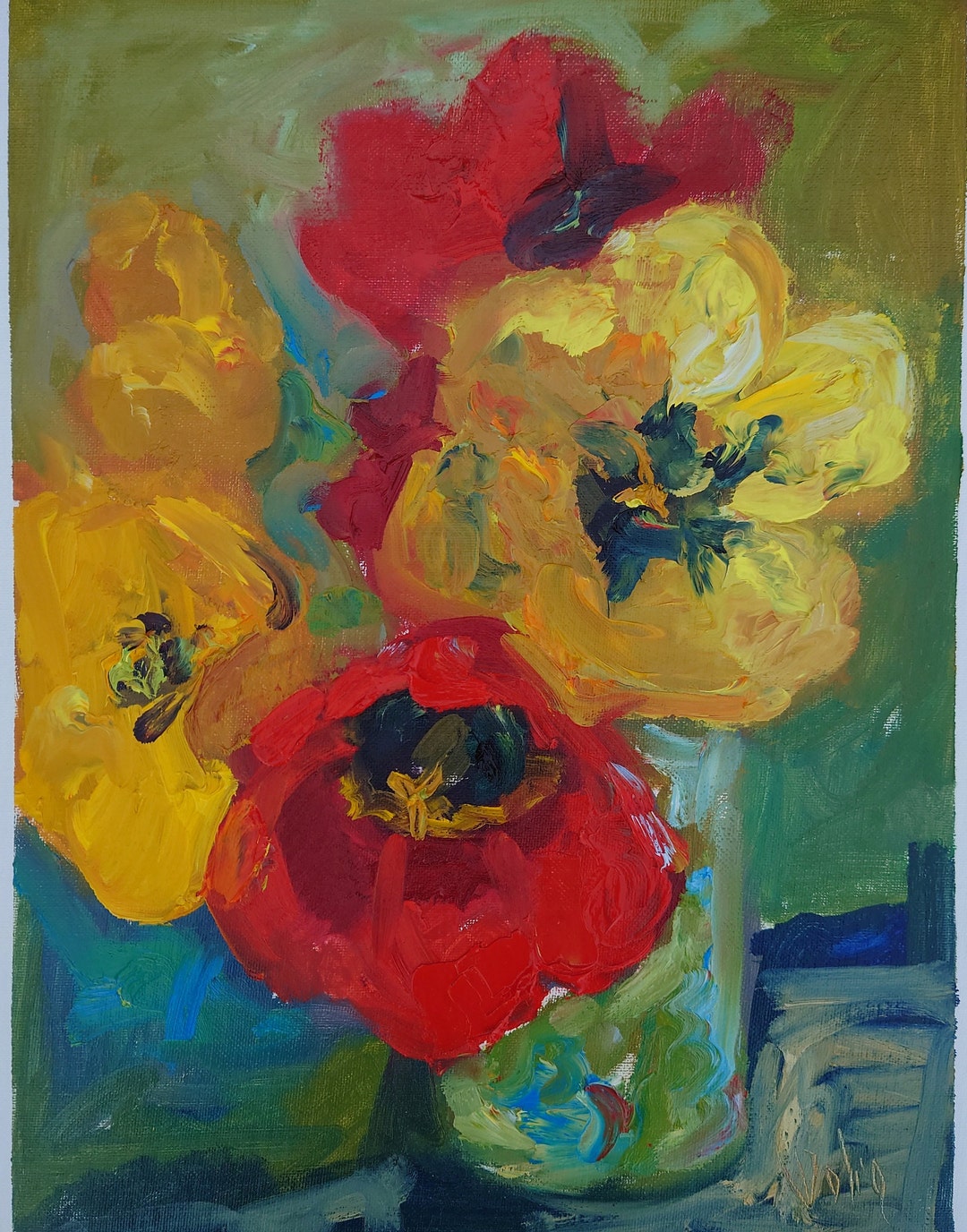 Yellow Red Tulip Painting, Original Oil Artwork Still Life With Tulips ...
