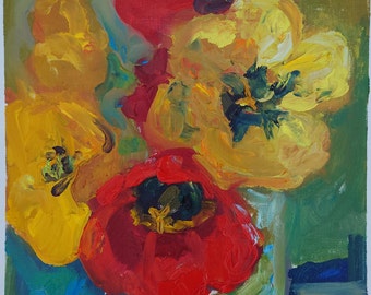 Pintura de tulipanes rojos y amarillos, obra de arte al óleo original, naturaleza muerta con tulipanes