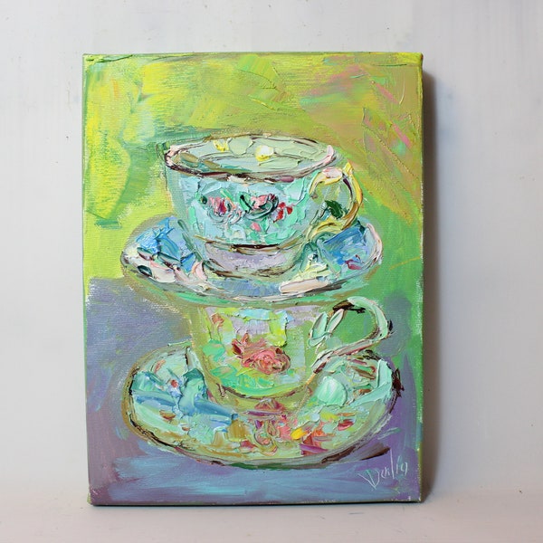 Tea Cups Oil Painting: Original Still Life Canvas Art