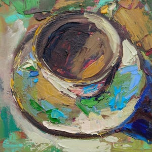 Tea cup art, original oil painting on canvas, small food painting 6x6
