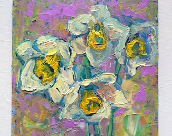 Original  painting of daffodils, palette knife painting on cardboard 8 by 8