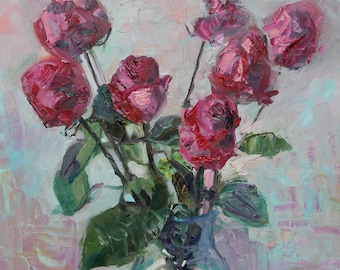 Roses oil painting, original palette knife painting on canvas, floral oil painting