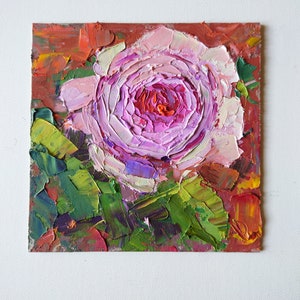 Pintura rosa rosa, pintura al óleo original de espátula, arte de pared de flores