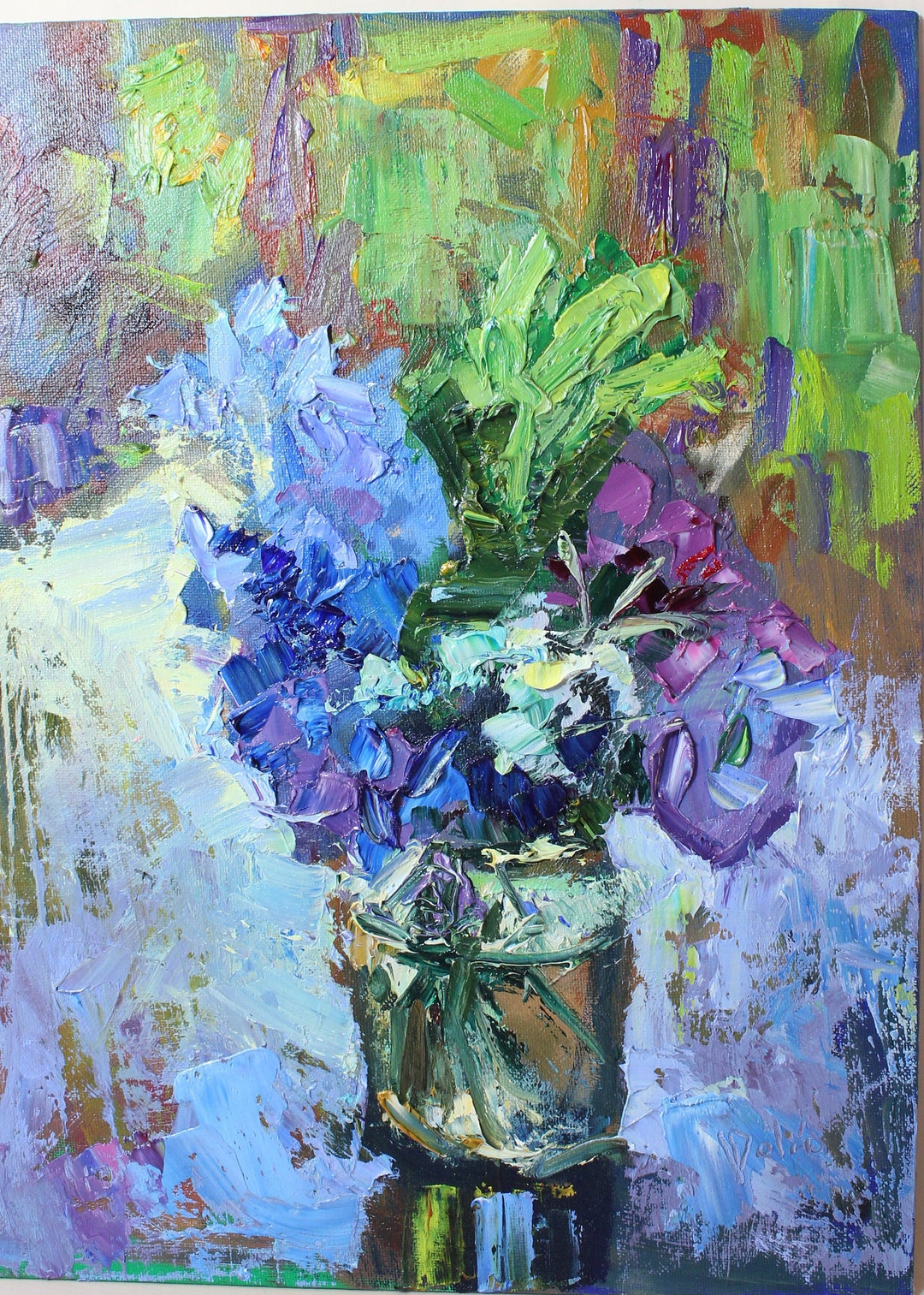 Floral Oil Painting Impasto Blue Flowers Palette Knife - Etsy