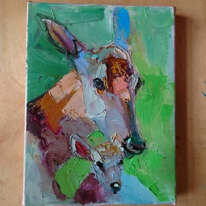 Ciervo y cervatillo, pintura al óleo original sobre lienzo, arte mural colorido de animales