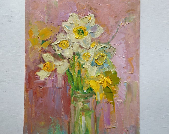 Original Floral Oil Painting Impasto Flowers Yellow Daffodils Palette ...