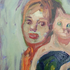 Cat and Women Painting, Original Oil Women Portrait, Figurative Art