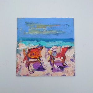 Pintura al óleo de playa, Ilustración de dos sillas de playa, Pintura original con espátula sobre cartón, Decoración de casa de playa